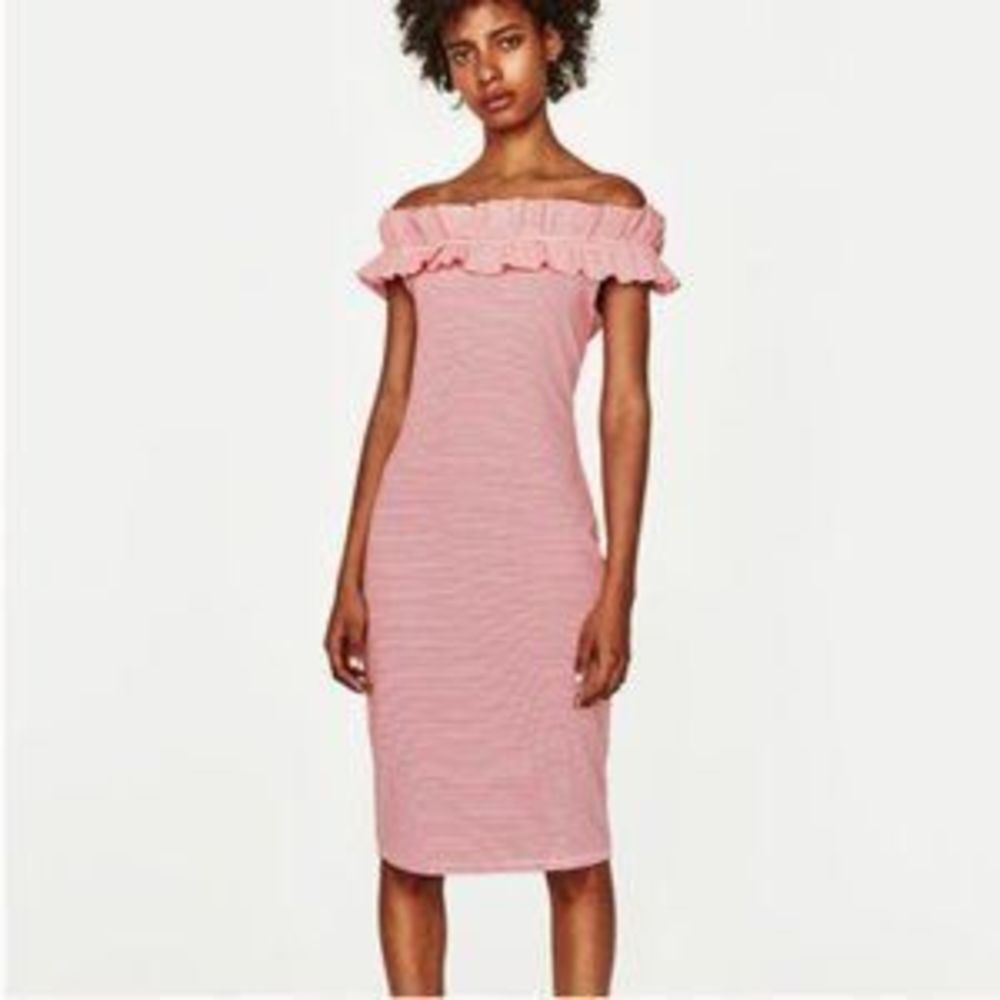 Zara Ruffled Off The Shoulder Red White Striped Bodycon Midi Dress